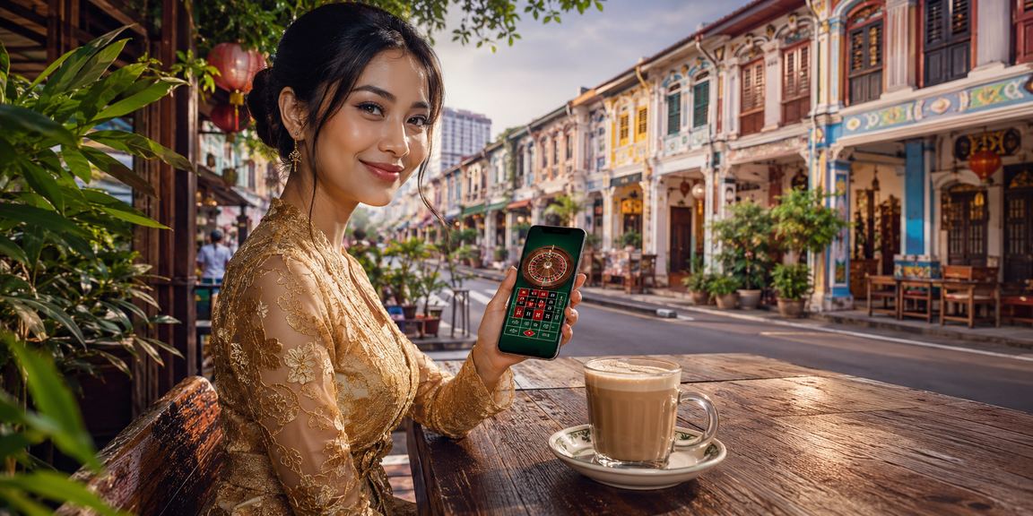 Pengguna Pulau Pinang menikmati permainan roulette kasino dalam talian dengan pakaian kebaya
